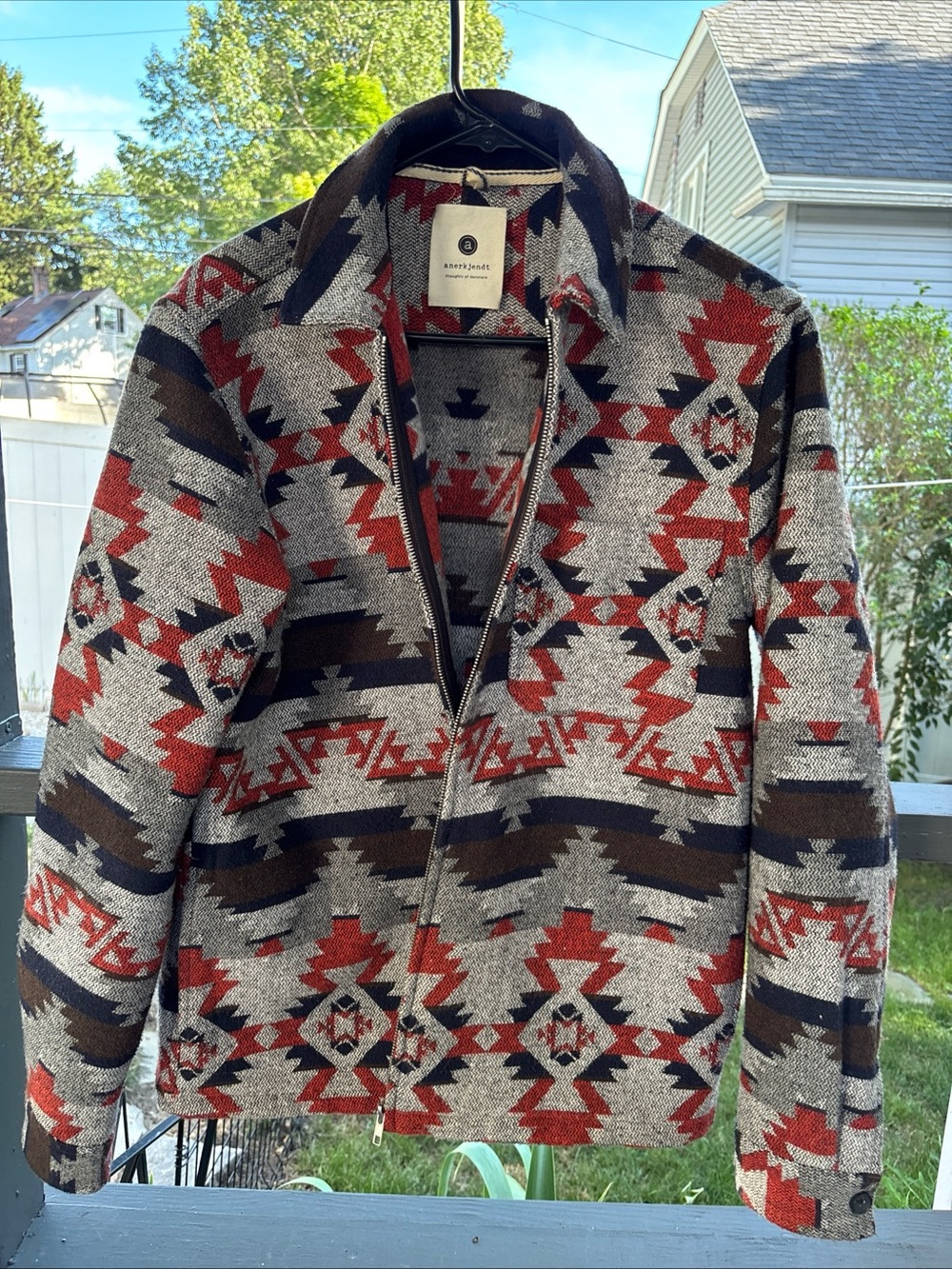 Anerkjendt  Geometric Zip Jacket in Red, Brown & Gray
